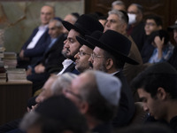 Jewish Rabbis stand at a synagogue in downtown Tehran during a gathering to protest against Israeli attacks on Palestinian civilians, Octobe...