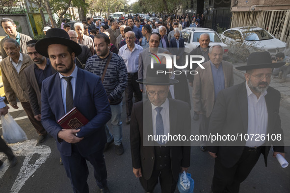 Rabbi Younes Hamami Lalehzar (R), Leader of Iranian Jews, and two other Jewish Rabbis, walk during a rally  in support of Palestine, in down...