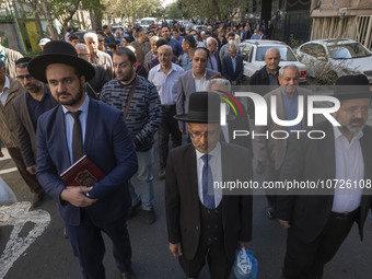 Rabbi Younes Hamami Lalehzar (R), Leader of Iranian Jews, and two other Jewish Rabbis, walk during a rally  in support of Palestine, in down...