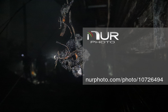 An electricity meter is currently burning as a fire is breaking out in Baburhat, Narsingdi, Bangladesh, on October 30, 2023. This location i...