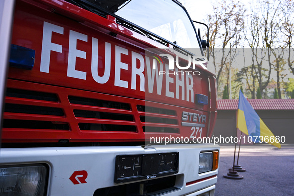 LVIV, UKRAINE - OCTOBER 30, 2023 - A fire engine is part of firefighting equipment conveyed by the government of Austria and the community o...