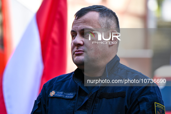 LVIV, UKRAINE - OCTOBER 30, 2023 - Deputy head of the State Emergency Service of Ukraine Andrii Danyk attends the ceremony to convey firefig...