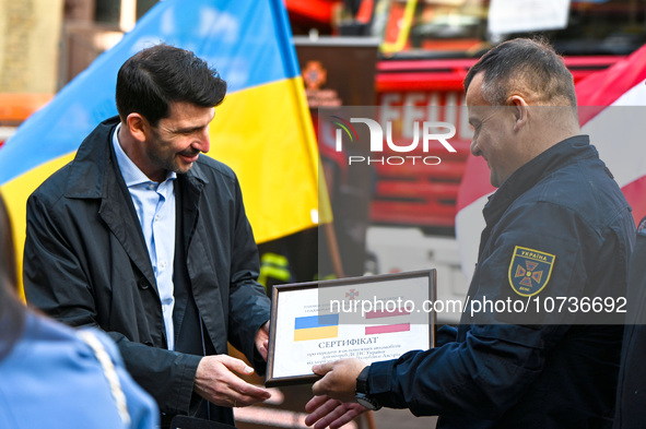 LVIV, UKRAINE - OCTOBER 30, 2023 - Ambassador Extraordinary and Plenipotentiary of the Republic of Austria to Ukraine Arad Benko(L) and depu...