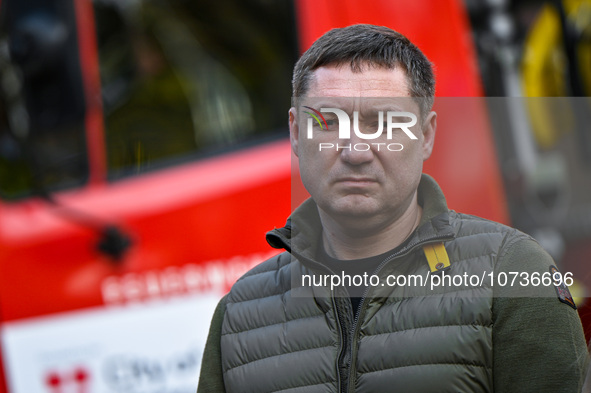 LVIV, UKRAINE - OCTOBER 30, 2023 - Lviv Regional Military Administration head Maksym Kozytskyi attends the ceremony to convey firefighting e...