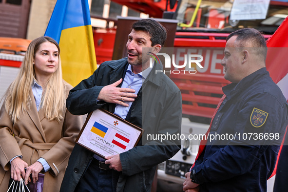 LVIV, UKRAINE - OCTOBER 30, 2023 - Honorary Vice Consul of Austria in Lviv Khrystyna Kulyk, Ambassador Extraordinary and Plenipotentiary of...