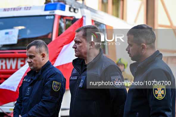 LVIV, UKRAINE - OCTOBER 30, 2023 - Deputy head of the State Emergency Service of Ukraine Andrii Danyk and head of the Main Department of the...