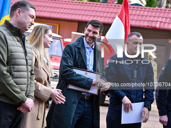 LVIV, UKRAINE - OCTOBER 30, 2023 - Lviv Regional Military Administration head Maksym Kozytskyi, Honorary Vice Consul of Austria in Lviv Khry...