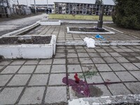 Blood in the location where Yuri Dement, the closest partner of the mayor of Kharkiv, Gennady Kernes, was shot dead near his mother's grave...