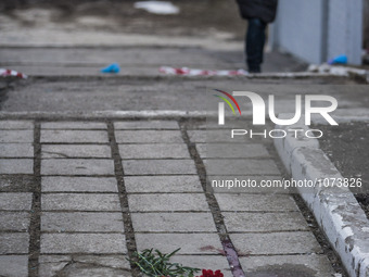 Blood in the location where Yuri Dement, the closest partner of the mayor of Kharkiv, Gennady Kernes, was shot dead near his mother's grave...