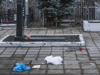 Blood in the location where Yuri Dement, the closest partner of the mayor of Kharkiv, Gennady Kernes, was shot dead near his mother's grave...