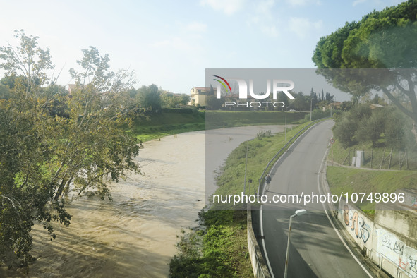 A general view of houses and roads submerged due flood damage in Toscana on November 04, 2023 in Pisa, Italy 