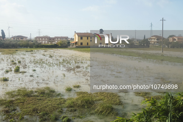 A general view of houses and roads submerged due flood damage in Toscana on November 04, 2023 in Campi Bisenzio, Italy 