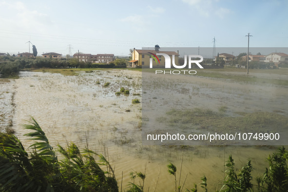 A general view of houses and roads submerged due flood damage in Toscana on November 04, 2023 in Campi Bisenzio, Italy 