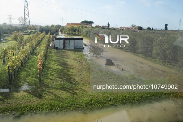 A general view of houses and roads submerged due flood damage in Toscana on November 04, 2023 in Campi Bisenzio, Italy 