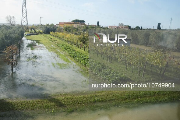 A general view of houses and roads submerged due flood damage in Toscana on November 04, 2023 in Campi Bisenzio, Italy 