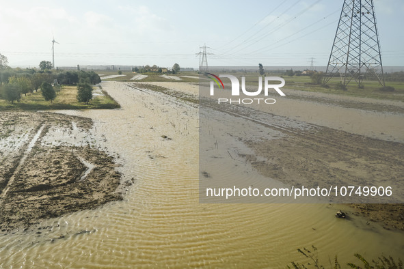 A general view of houses and roads submerged due flood damage in Toscana on November 04, 2023 in Campi Bisenzio, Italy 