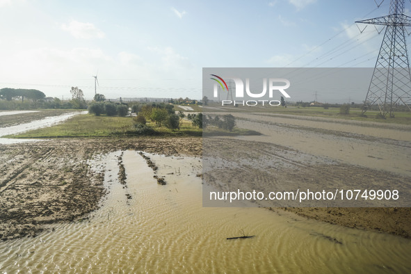 A general view of houses and roads submerged due flood damage in Toscana on November 04, 2023 in Campi Bisenzio, Italy 