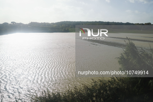 A general view of houses and roads submerged due flood damage in Toscana on November 04, 2023 in Prato, Italy 