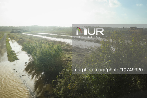 A general view of houses and roads submerged due flood damage in Toscana on November 04, 2023 in Prato, Italy 