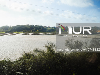 A general view of houses and roads submerged due flood damage in Toscana on November 04, 2023 in Campi Bisenzio, Italy (