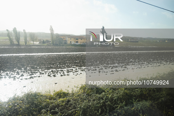 A general view of houses and roads submerged due flood damage in Toscana on November 04, 2023 in Prato, Italy 