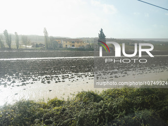 A general view of houses and roads submerged due flood damage in Toscana on November 04, 2023 in Prato, Italy (