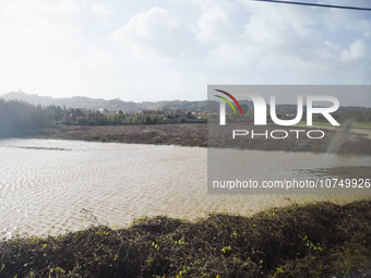 A general view of houses and roads submerged due flood damage in Toscana on November 04, 2023 in Campi Bisenzio, Italy (