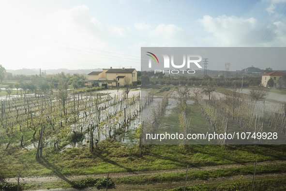 A general view of houses and roads submerged due flood damage in Toscana on November 04, 2023 in Campi Bisenzio, Italy 