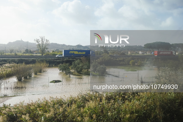 A general view of houses and roads submerged due flood damage in Toscana on November 04, 2023 in Campi Bisenzio, Italy 