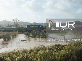 A general view of houses and roads submerged due flood damage in Toscana on November 04, 2023 in Campi Bisenzio, Italy (