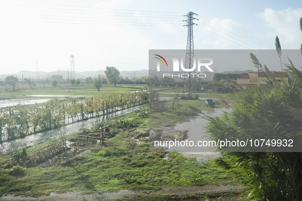 A general view of houses and roads submerged due flood damage in Toscana on November 04, 2023 in Campi Bisenzio, Italy 