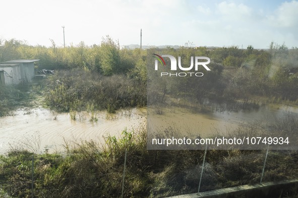 A general view of houses and roads submerged due flood damage in Toscana on November 04, 2023 in Campi Bisenzio, Italy 