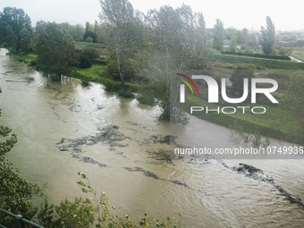 A general view of houses and roads submerged due flood damage in Toscana on November 04, 2023 in Campi Bisenzio, Italy (