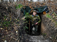 ZAPORIZHZHIA REGION, UKRAINE - NOVEMBER 03, 2023 - A serviceman of the Ukrainian anti-aircraft missile troops walks out of the dugout near R...