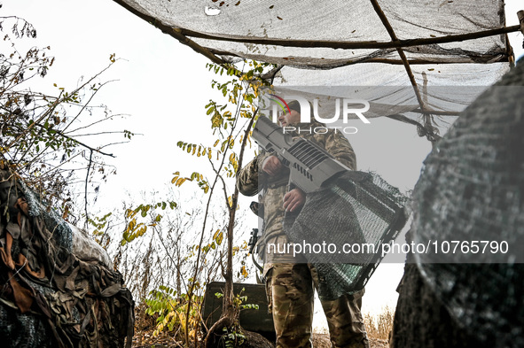 ZAPORIZHZHIA REGION, UKRAINE - NOVEMBER 03, 2023 - A serviceman of the Ukrainian anti-aircraft missile troops near Robotyno in the Zaporizhz...