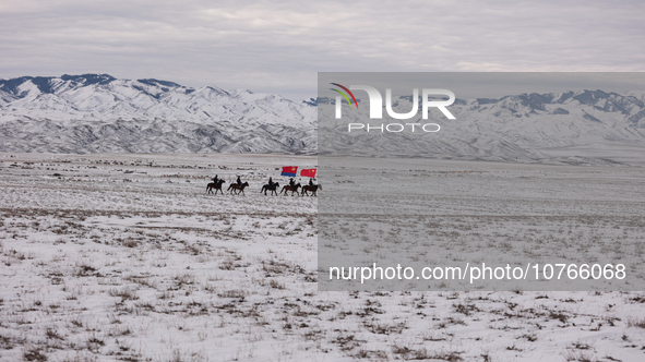 ALTAY, CHINA - NOVEMBER 7, 2023 - Police on horseback carry out a border patrol in Altay, Xinjiang province, China, November 7, 2023. 