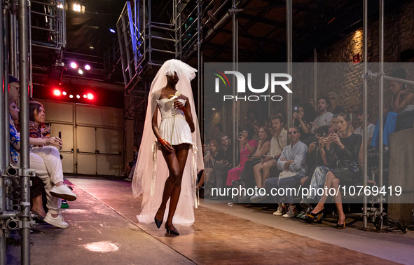 A model wears a creation from the Helo Rocha collection during Sao Paulo Fashion Week, on November 8, 2023. 