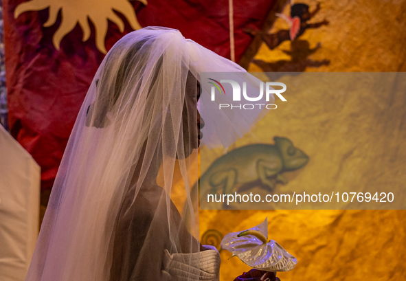 A model wears a creation from the Helo Rocha collection during Sao Paulo Fashion Week, on November 8, 2023. 