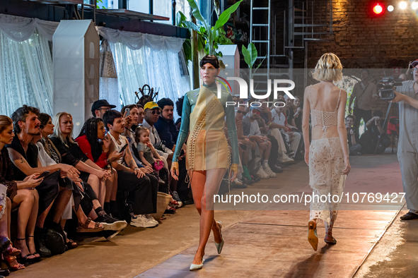 A model wears a creation from the Helo Rocha collection during Sao Paulo Fashion Week, on November 8, 2023. 