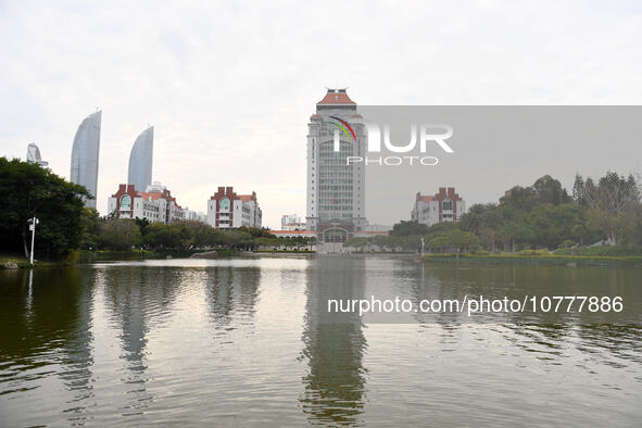 XIAMEN, CHINA - NOVEMBER 9, 2023 - View of Song En Building by Furong Lake, Xiamen University, Xiamen, Fujian Province, China, November 9, 2...