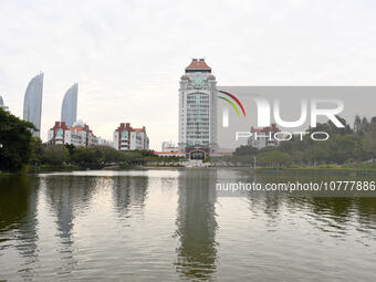 XIAMEN, CHINA - NOVEMBER 9, 2023 - View of Song En Building by Furong Lake, Xiamen University, Xiamen, Fujian Province, China, November 9, 2...