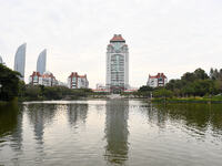 XIAMEN, CHINA - NOVEMBER 9, 2023 - View of Song En Building by Furong Lake, Xiamen University, Xiamen, Fujian Province, China, November 9, 2...