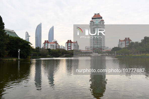 XIAMEN, CHINA - NOVEMBER 9, 2023 - View of Song En Building by Furong Lake, Xiamen University, Xiamen, Fujian Province, China, November 9, 2...