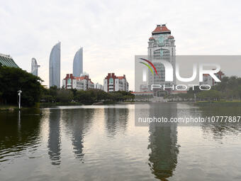 XIAMEN, CHINA - NOVEMBER 9, 2023 - View of Song En Building by Furong Lake, Xiamen University, Xiamen, Fujian Province, China, November 9, 2...