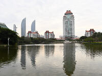 XIAMEN, CHINA - NOVEMBER 9, 2023 - View of Song En Building by Furong Lake, Xiamen University, Xiamen, Fujian Province, China, November 9, 2...