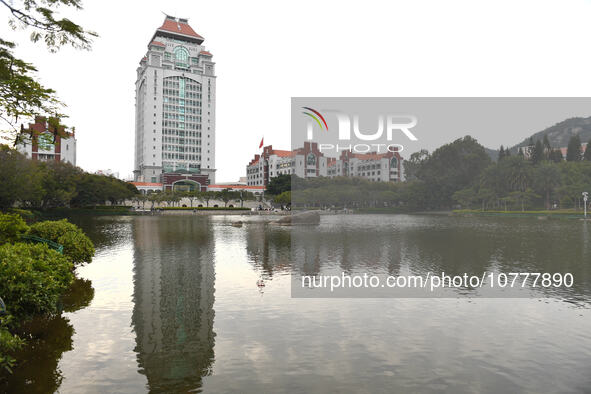 XIAMEN, CHINA - NOVEMBER 9, 2023 - View of Song En Building by Furong Lake, Xiamen University, Xiamen, Fujian Province, China, November 9, 2...