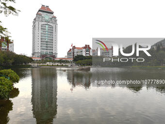 XIAMEN, CHINA - NOVEMBER 9, 2023 - View of Song En Building by Furong Lake, Xiamen University, Xiamen, Fujian Province, China, November 9, 2...