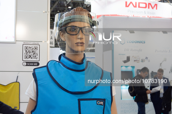 A mannequin wearing a protective mask is being displayed at the Medica Fair 2023 in Dusseldorf, Germany, on November 13, 2023. 