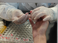 SHANGHAI, CHINA - NOVEMBER 14, 2023 - A doctor draws blood from a patient's finger at a hospital emergency department in Shanghai, China, No...