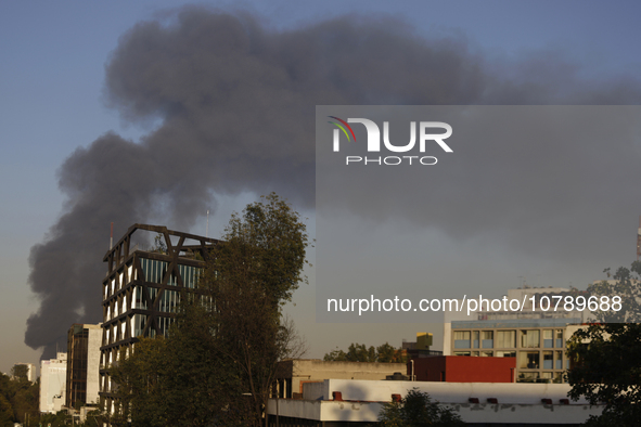 View of fire from Parque Lira in the shoe market in Tepito, Mexico City. 